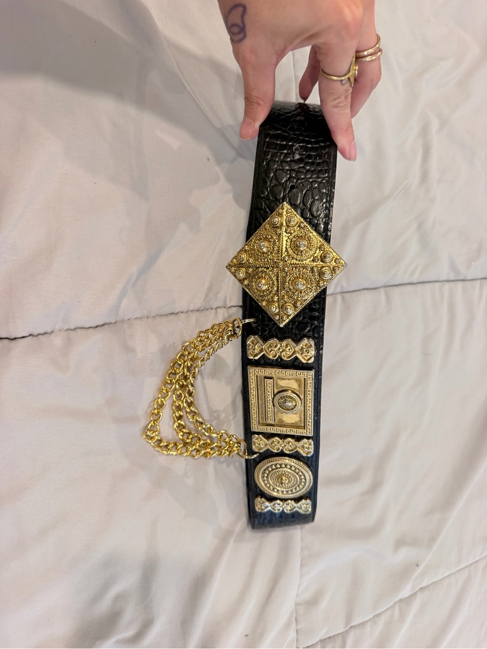 Black leather-Embossed Statement Waist Belt with Gold Accents